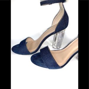 Denim ankle strap block heel sandals.